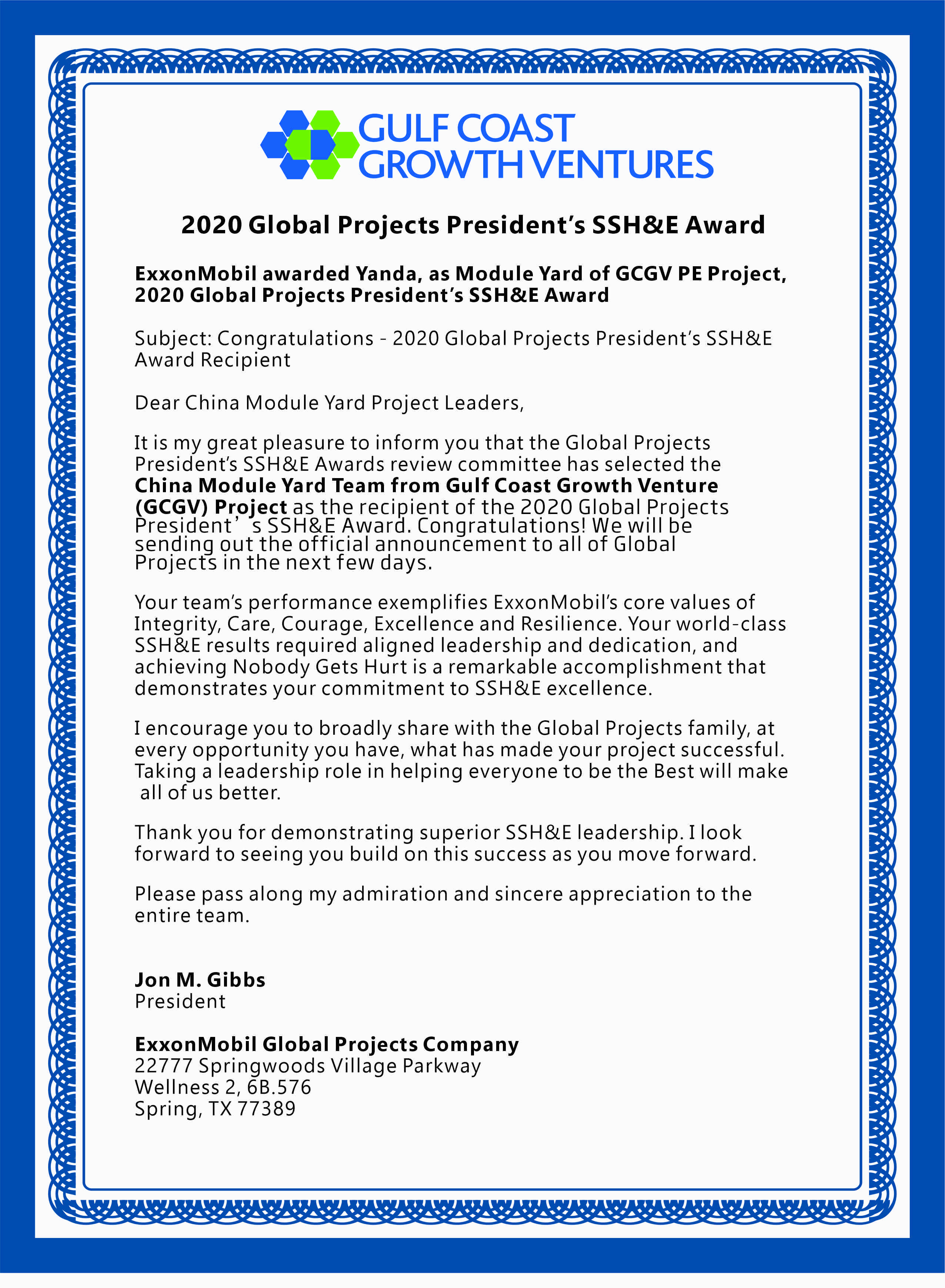 Yanda Awarded 2020 Global Projects President's SSH&E Award